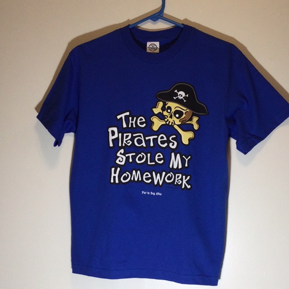 Royal Blue Pirate Homework Tee Shirt, youth large
